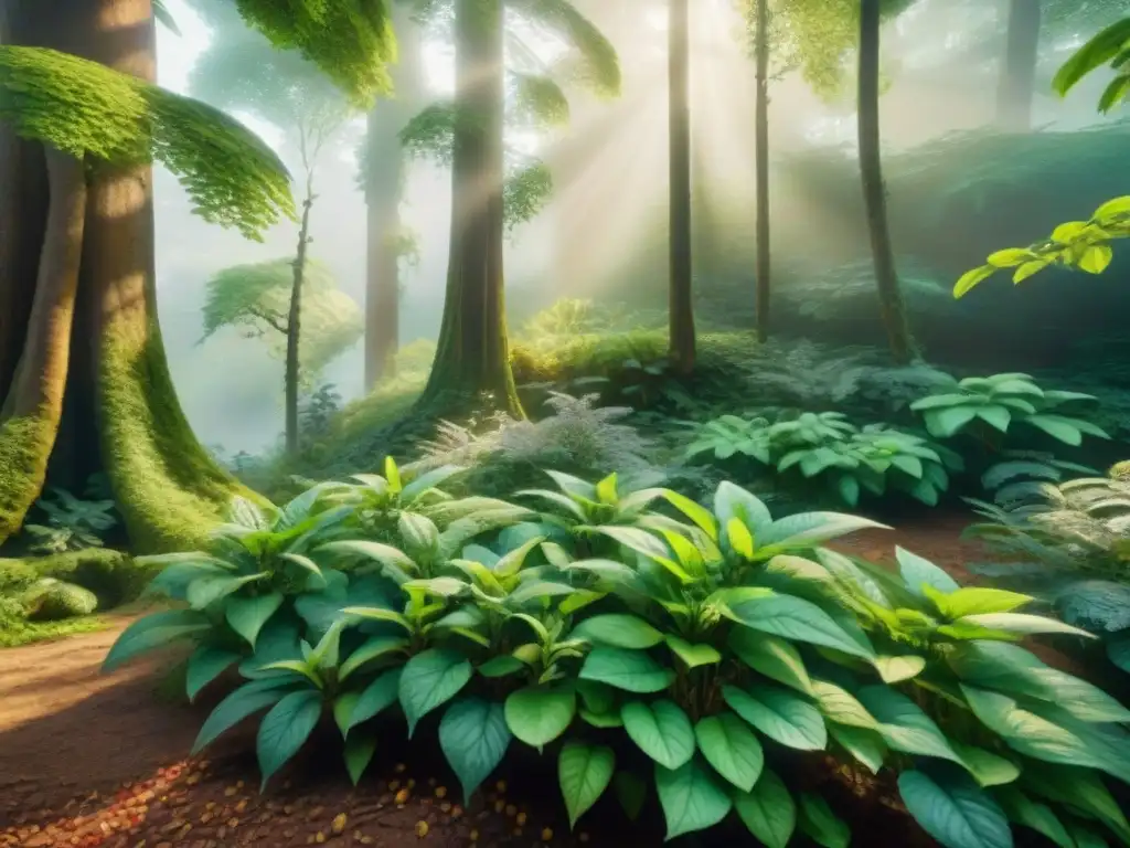 Ilustración acuarela de bosque con plantas adaptógenas Un bosque vibrante con plantas adaptógenas bajo la luz filtrada