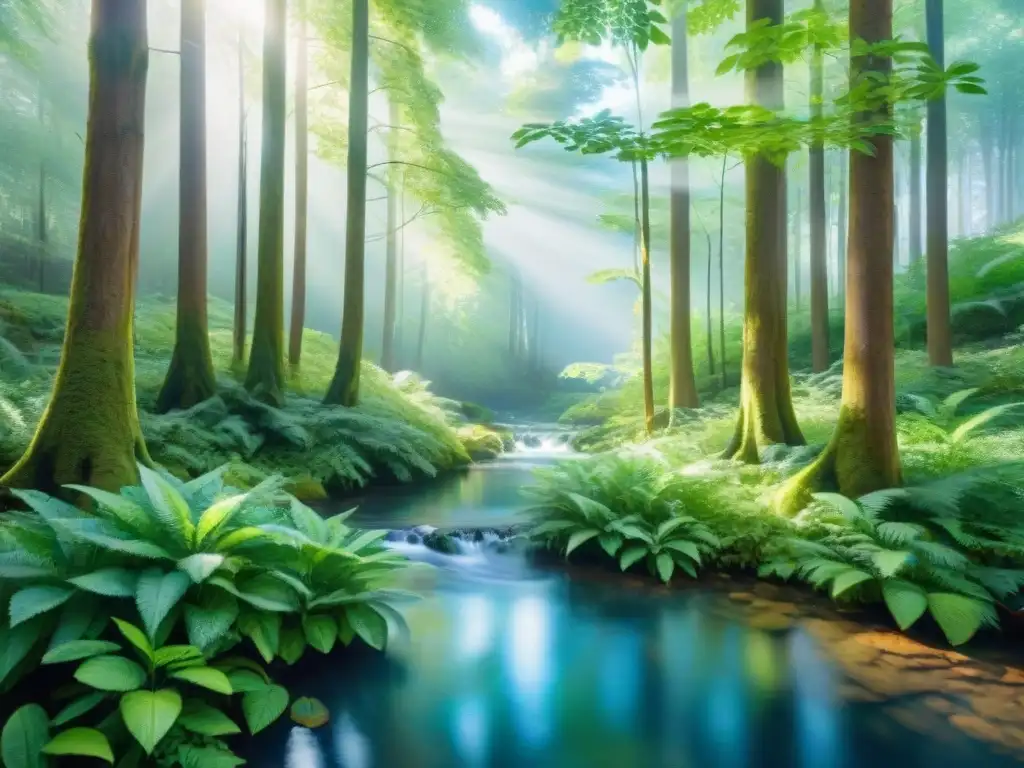 Bosque vibrante en acuarela: naturaleza serena y exuberante Un bosque vibrante y sereno con luz filtrándose entre las hojas