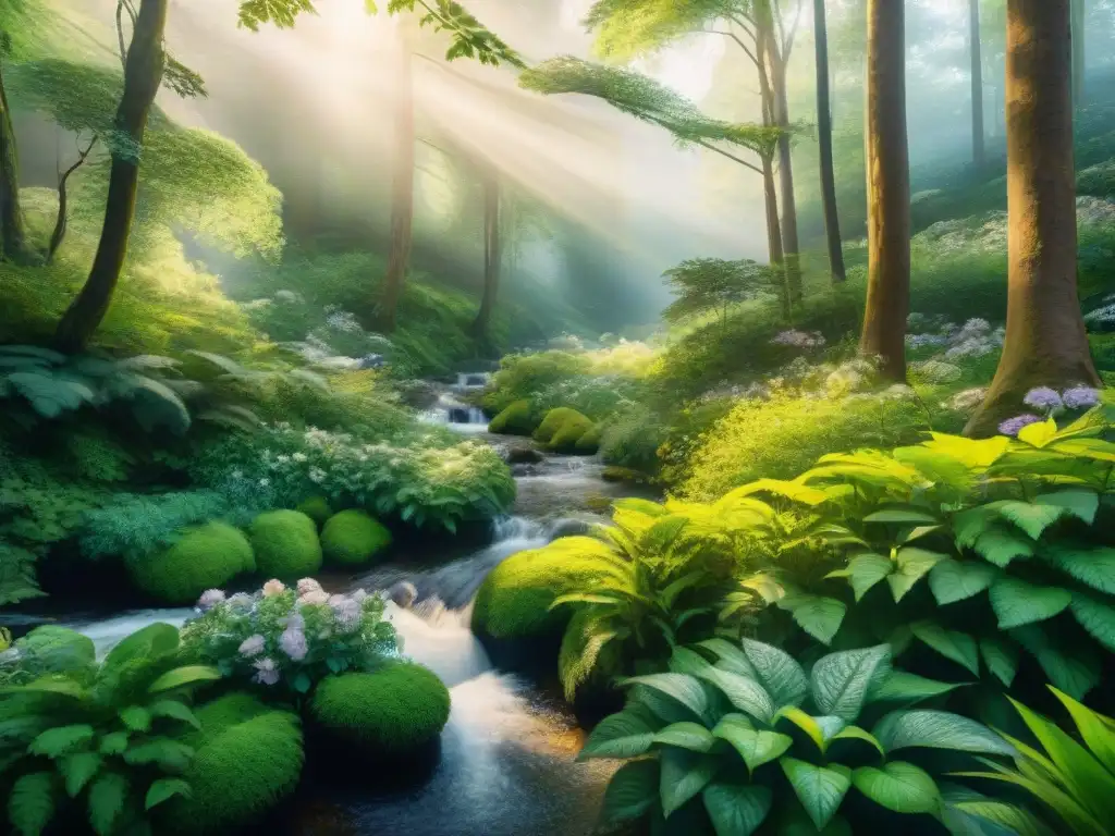 Bosque vibrante: ilustración acuarela detallada de la naturaleza Bosque vibrante con vida silvestre, arroyo y luz solar entre árboles