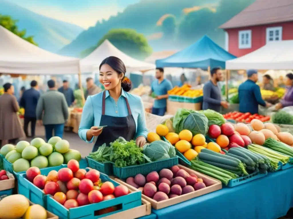 Mercado agrícola: escena vibrante de frutas y verduras frescas y coloridas Un bullicioso mercado de agricultores con frutas y verduras frescas, creando un ambiente comunitario y saludable