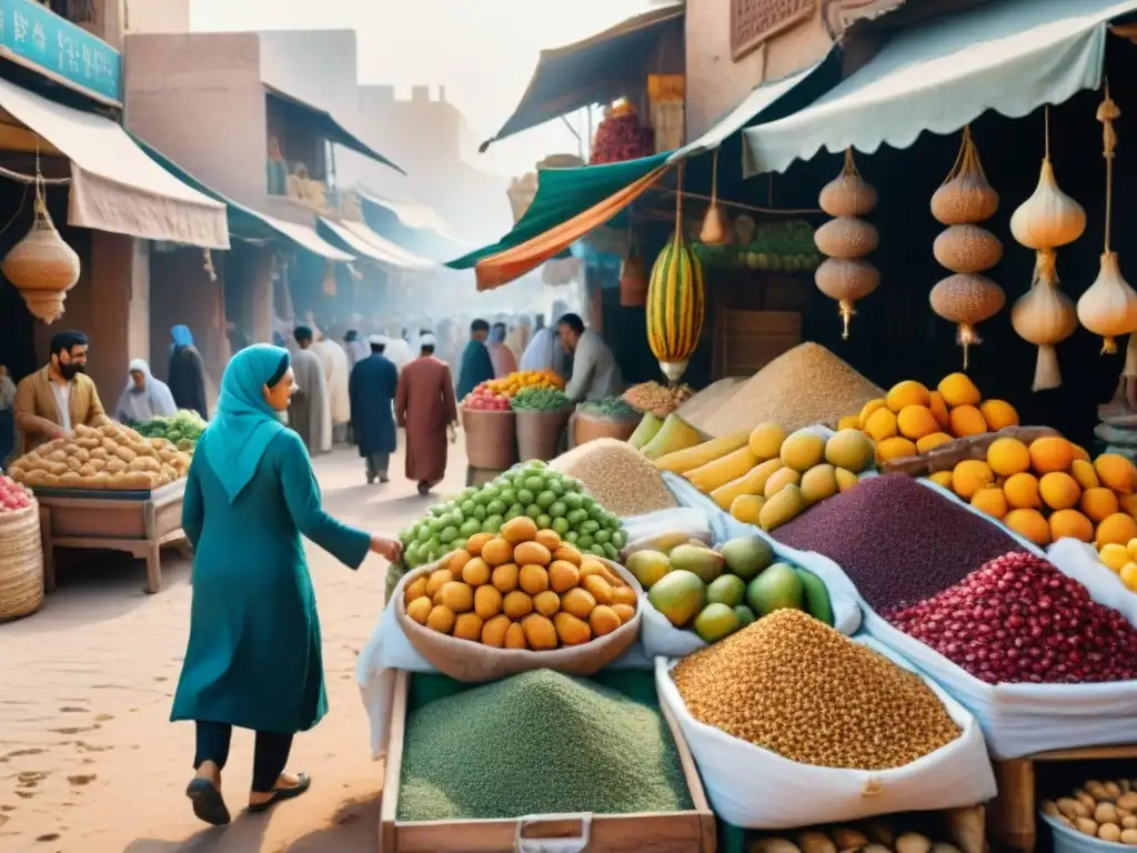Mercado vibrante del Medio Oriente: frutas, especias y colores exóticos Un bullicioso mercado del Medio Oriente con frutas, frutos secos y especias exóticas en puestos coloridos