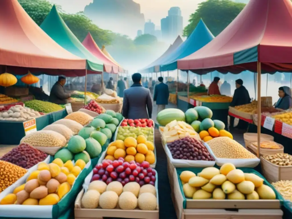 Mercado global de snacks saludables: diversidad cultural en acuarela Un bullicioso mercado global con vendedores de diversas culturas ofreciendo Snacks saludables variedad opciones recomendaciones