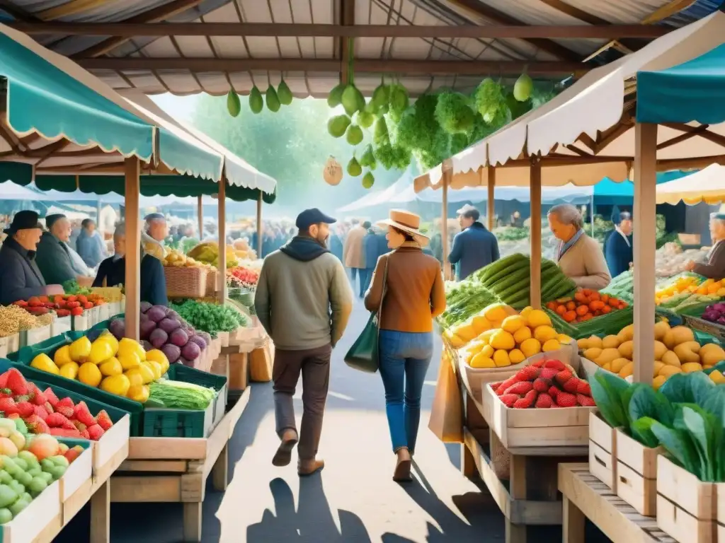 Mercado campesino vibrante: frutas y verduras frescas en acuarela Un bullicioso mercado de granjeros pintado detalladamente en acuarela, lleno de frutas, vegetales y frutos secos frescos y orgánicos