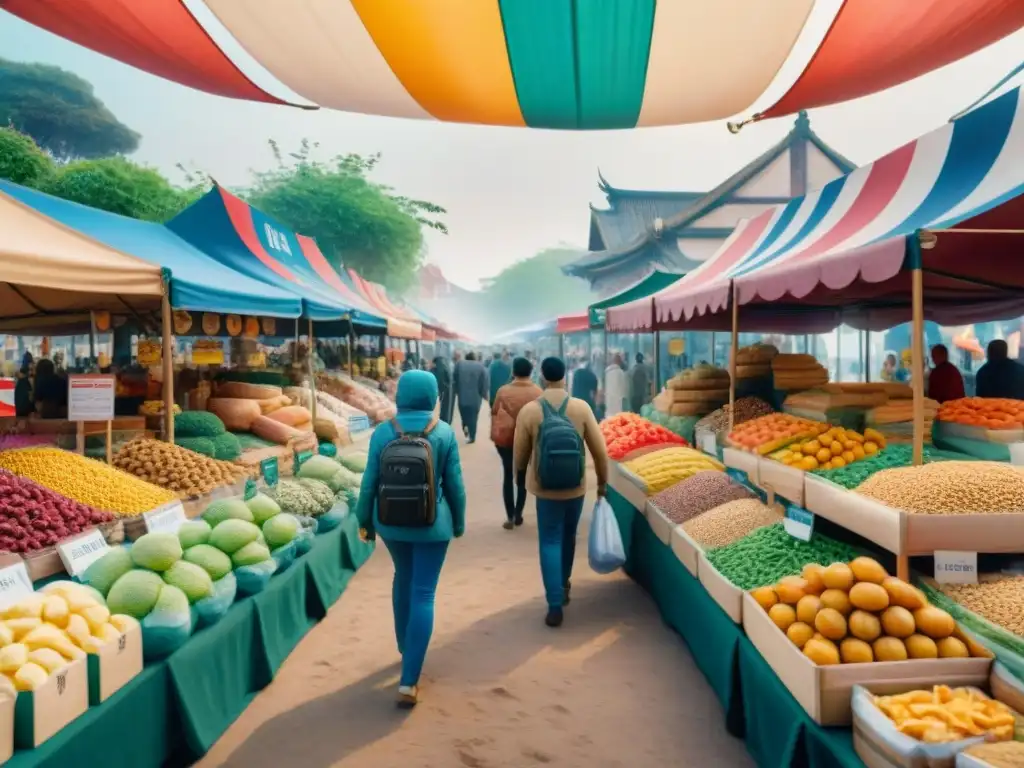 Mercado Internacional de Snacks Saludables: Ilustración Acuarela Un bullicioso mercado internacional de snacks saludables con clientes variados y banderas de distintos países ondeando