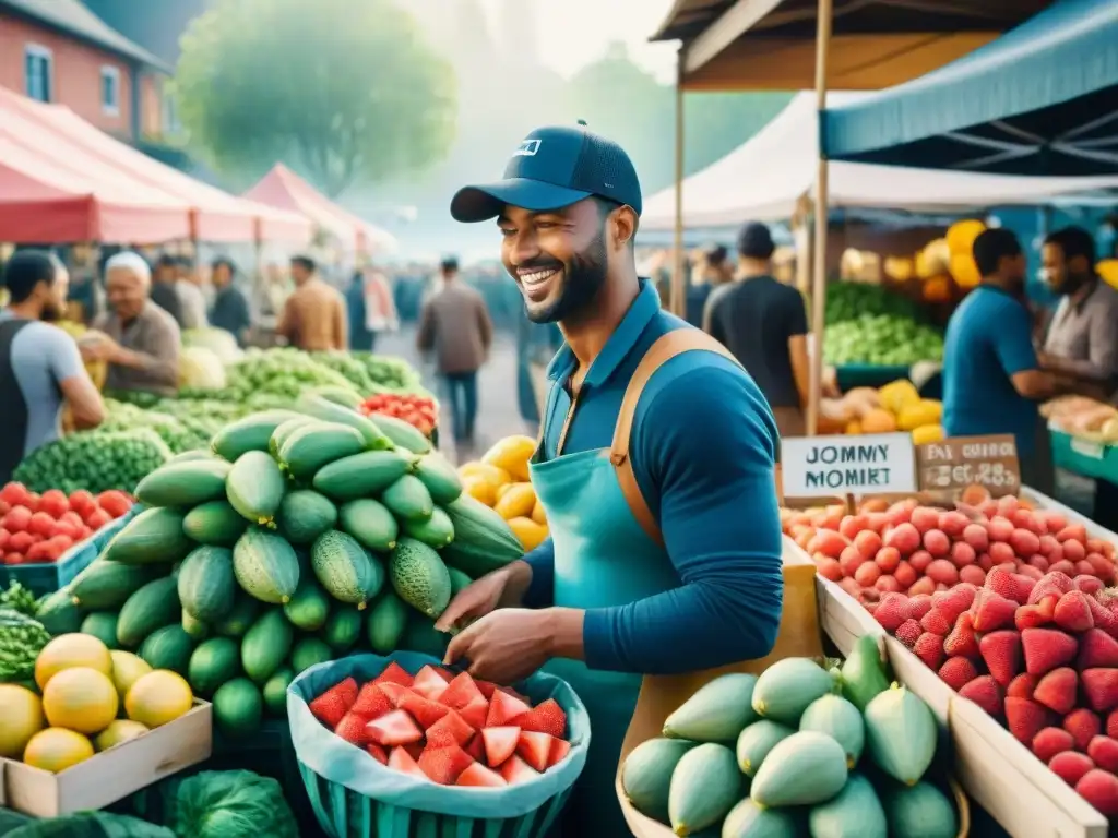 Mercado de agricultores vibrante y abundante en acuarela detallada Un bullicioso mercado lleno de frutas y verduras frescas, compradores y vendedores sonrientes, bajo la cálida luz del día