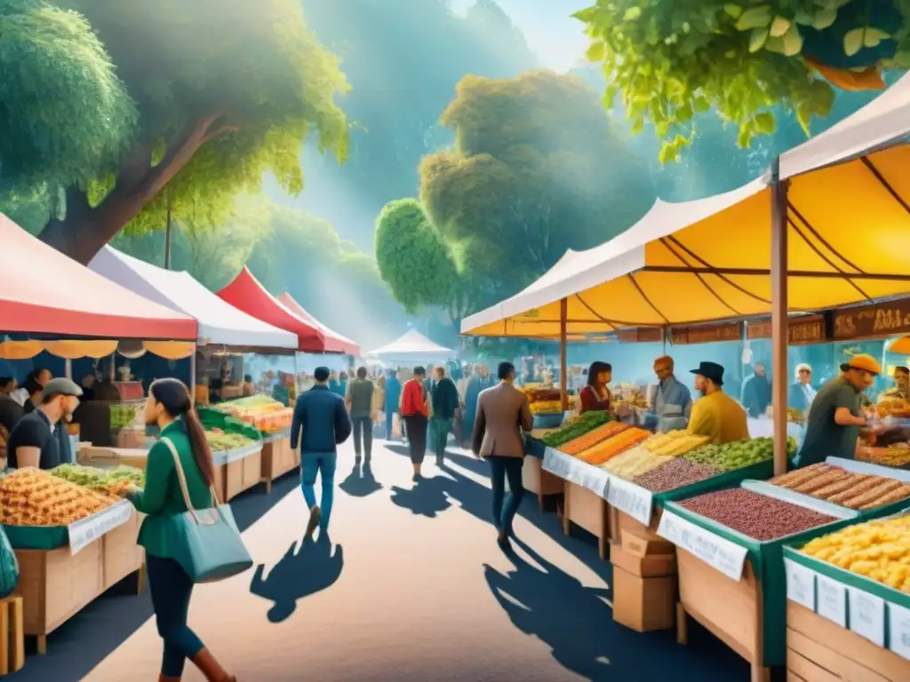 Mercado Vegano: Snacks Innovadores y Diversidad Un bullicioso mercado de snacks veganos saludables innovadores con clientes diversos disfrutando de las delicias