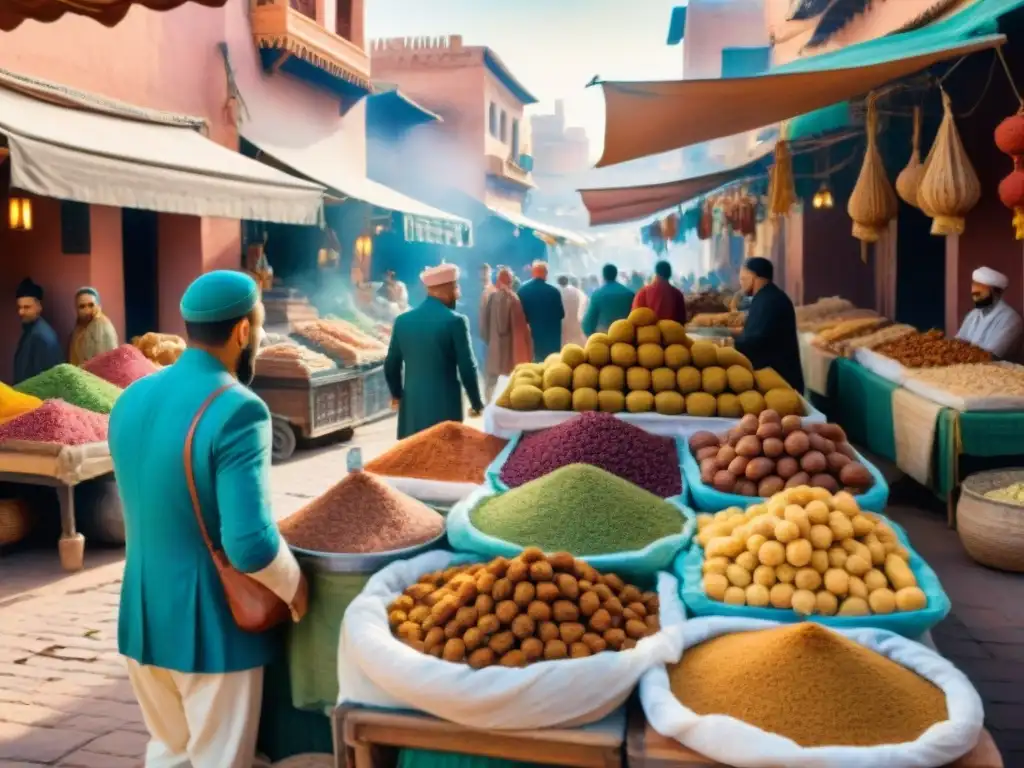 Mercado vegano en Marrakech: ilustración acuarela Un bullicioso mercado en Marrakech con snacks veganos internacionales saludables