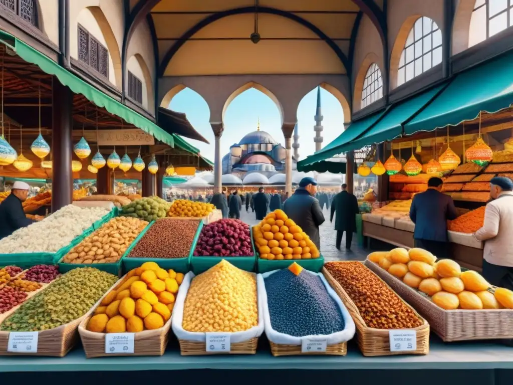 Mercado turco vibrante lleno de colores y sabores tradicionales Un bullicioso mercado turco con Snacks saludables con sabores turcos, frutas secas y nueces en cestas coloridas