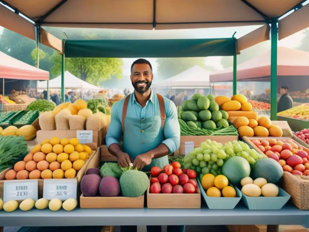 Un bullicioso puesto de mercado con frutas y verduras frescas