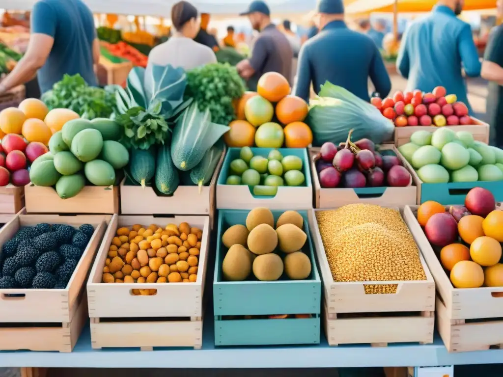 Un bullicioso puesto de mercado rebosante de frutas, verduras y frutos secos frescos, con una luz cálida invitadora
