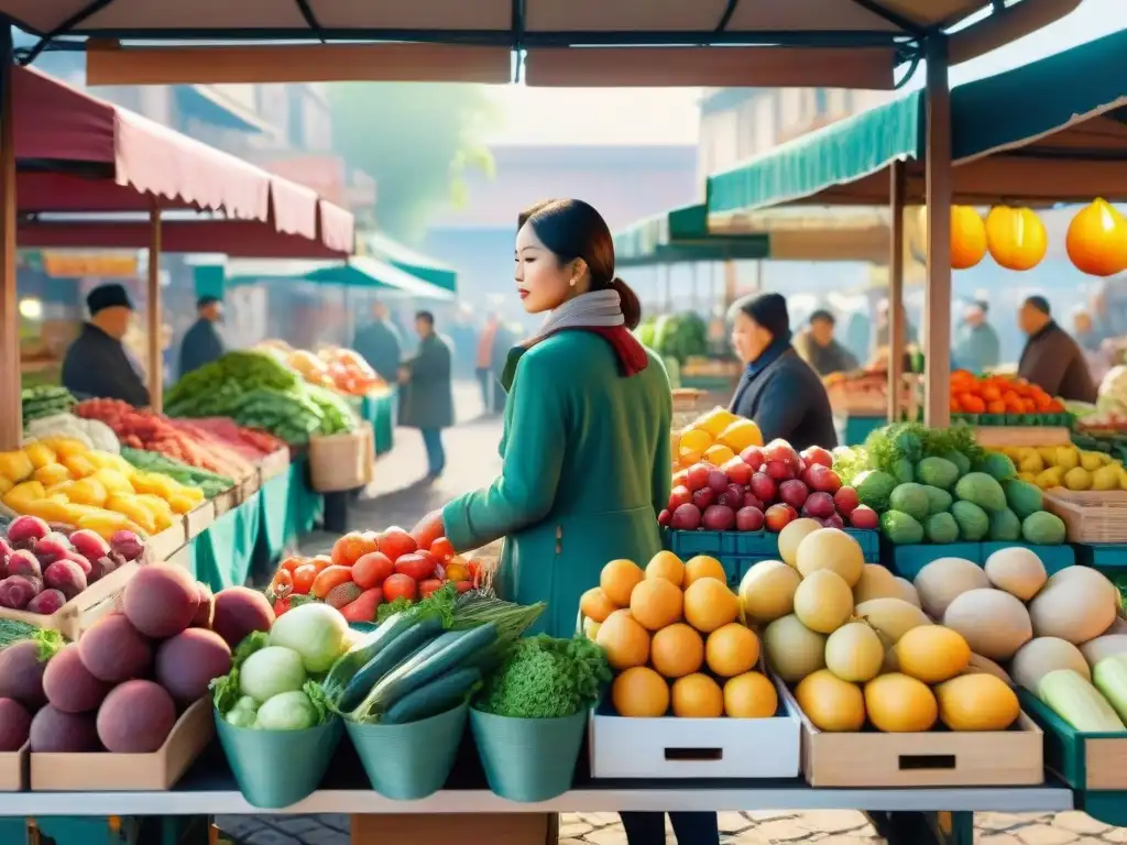 Mercado de frutas y verduras: una ilustración acuarela vibrante y detallada Un bullicioso puesto de mercado rebosante de frutas y vegetales frescos y coloridos