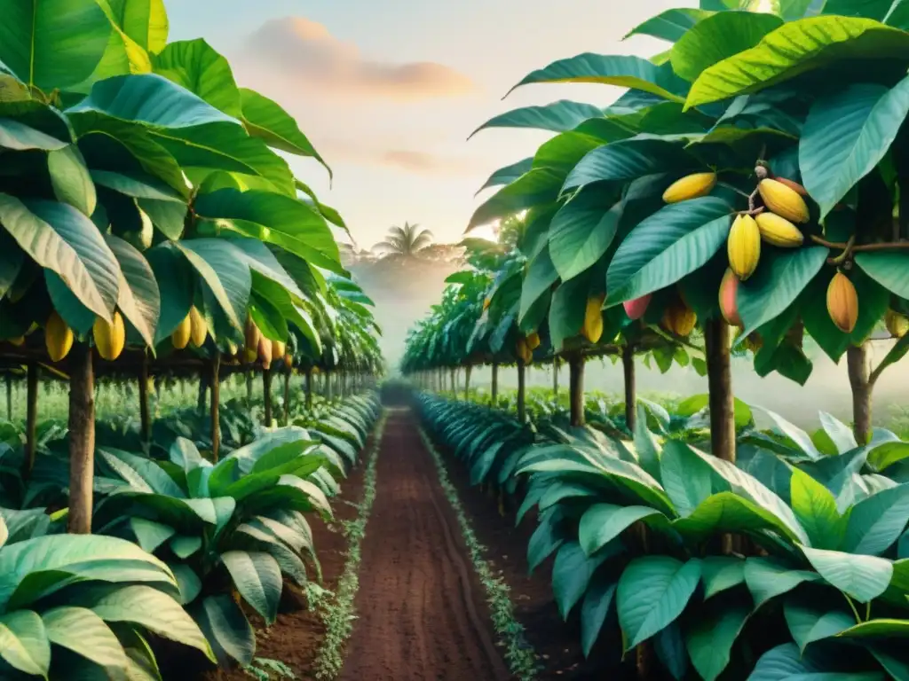 Pintura detallada de plantación de cacao al amanecer Plantación de cacao al amanecer con los beneficios del cacao puro en snacks