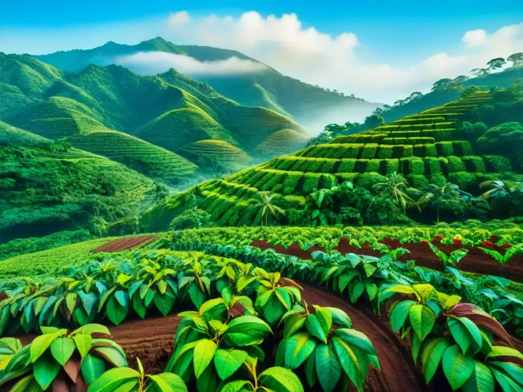 Plantación de cacao exuberante: ilustración detallada en acuarela Plantación de cacao exuberante bajo un sol tropical brillante, con vainas vibrantes rodeadas de vegetación verde y flores tropicales