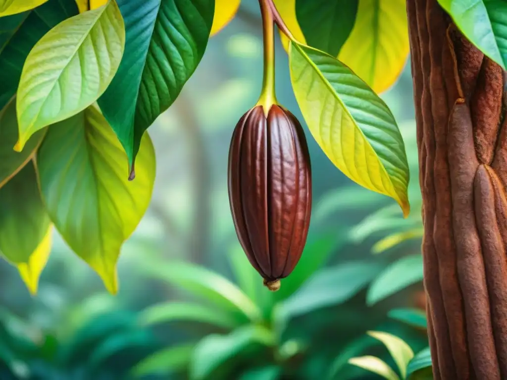 Un cacao maduro en la selva tropical, destacando beneficios del cacao crudo snacks