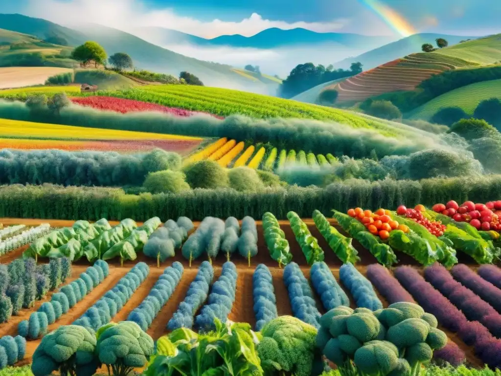 Ilustración acuarela de campo agrícola regenerativo: colorido y vibrante Un campo de agricultura regenerativa con ingredientes snacks saludables