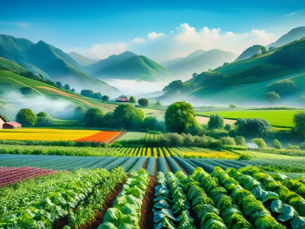 Campo orgánico: ilustración detallada de huerto sostenible bajo cielo azul Un campo de cultivo verde y exuberante con hortalizas orgánicas, abejas y un arroyo, ideal para snacks saludables rastreo Blockchain