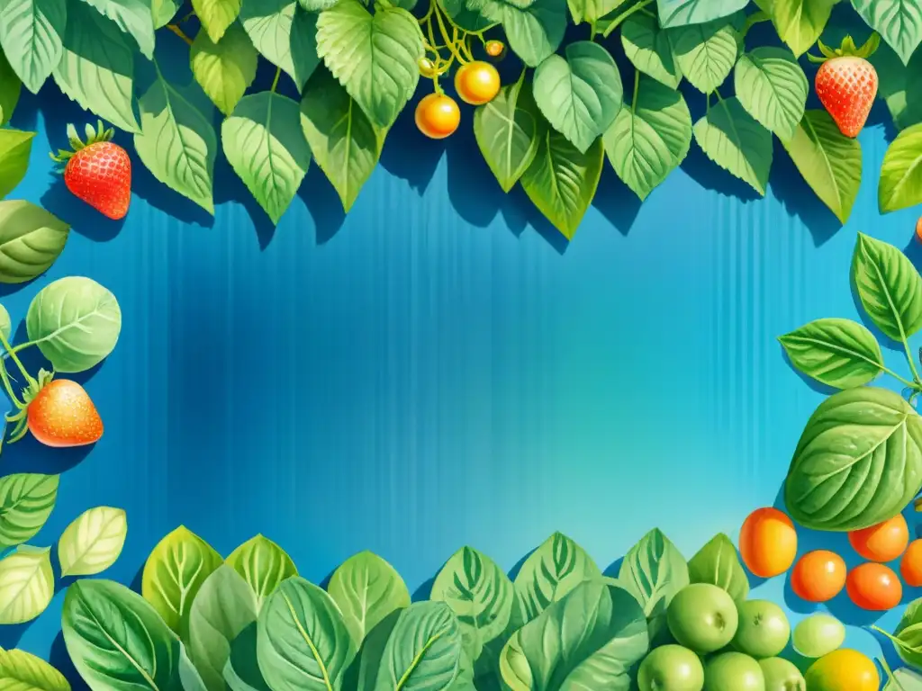 Campo de frutas y verduras: acuarela vibrante y detallada Un campo exuberante con frutas y verduras coloridas, evocando frescura y vitalidad