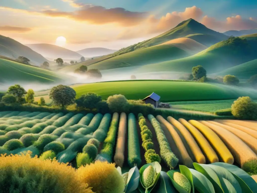Escena de cosecha saludable con omega3 en acuarela Un campo fértil de snacks saludables con omega 3 bajo el cálido atardecer