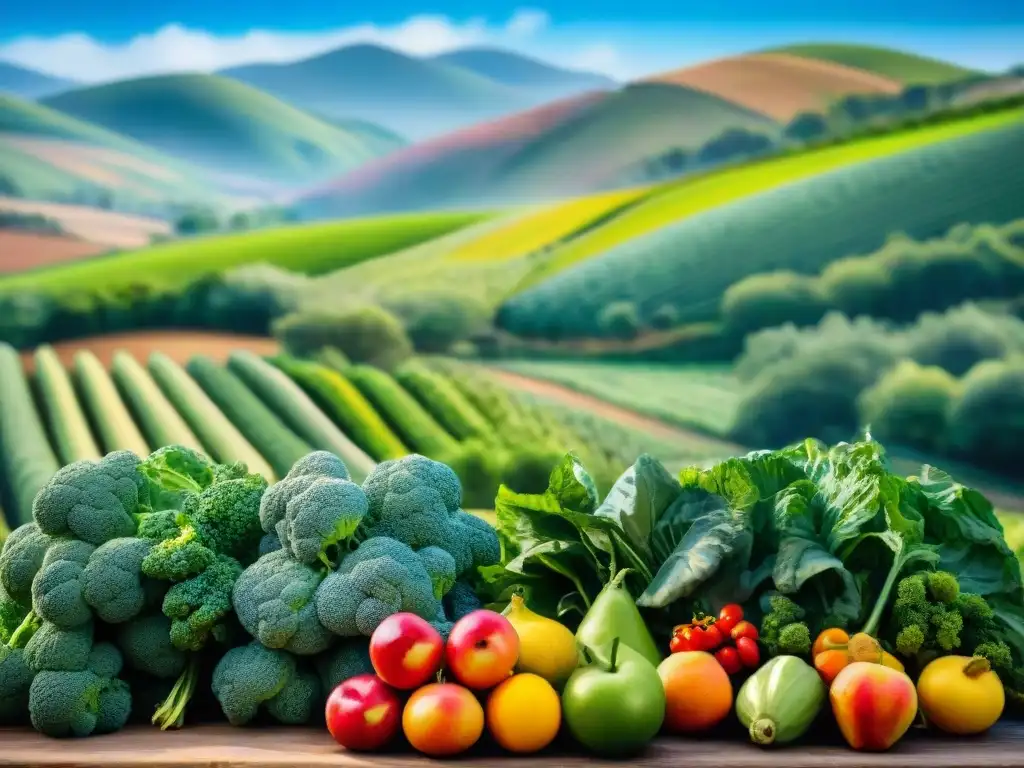 Belleza y abundancia: campo regenerativo con frutas y verduras vibrantes Campo frondoso con frutas y verduras coloridas, muestra la abundancia de Ingredientes snacks saludables agricultura regenerativa