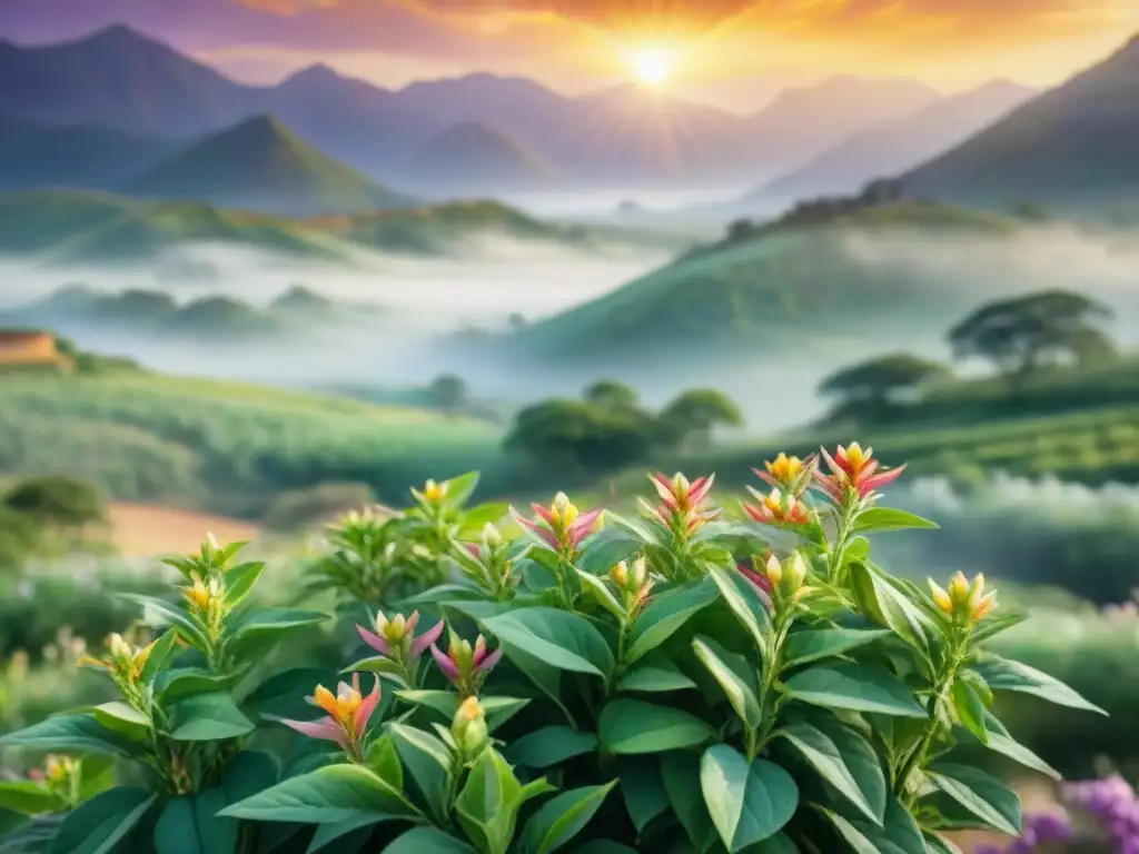Campo verde al amanecer con flores de Ashwagandha vibrantes Un campo verde exuberante al amanecer con rayos de sol dorados, flores de Ashwagandha púrpuras y tranquilidad