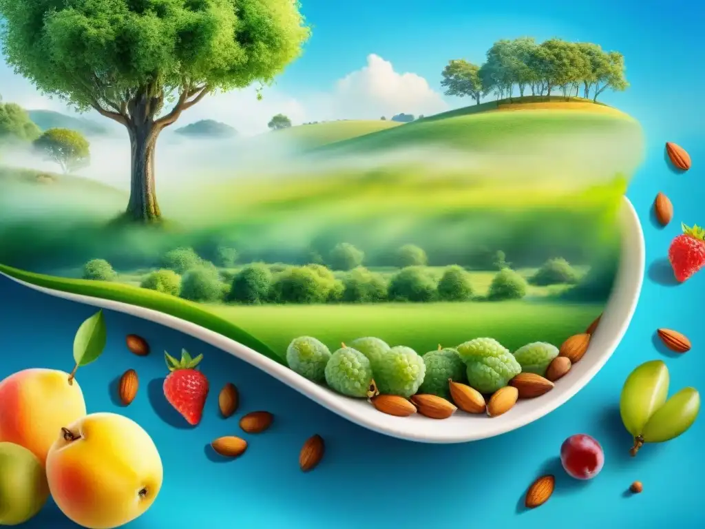 Un campo verde frondoso con frutas y nueces coloridas, endulzantes naturales snacks saludables