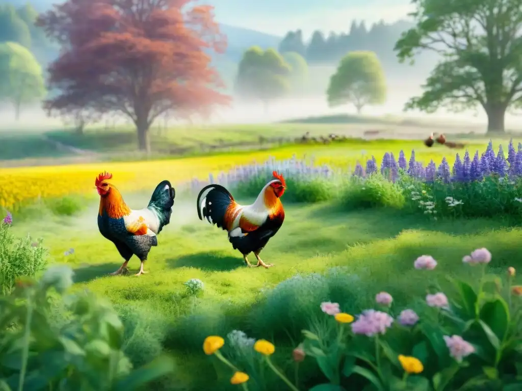 Campo de flores y gallinas felices: ilustración acuarela Campo verde con gallinas felices, flores silvestres y sol filtrándose entre los árboles