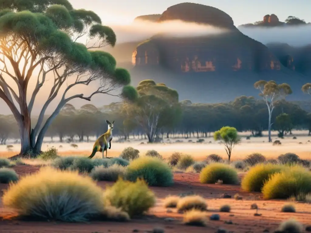 Serena escena del outback australiano con canguro y flora autóctona Un canguro disfruta de snacks saludables Australia proteínas fibra en el outback al atardecer