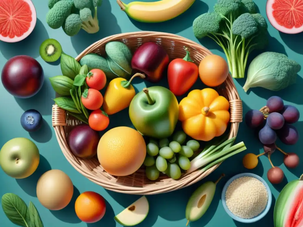 Canasta de Frutas y Verduras: Detalles en Acuarela Una cesta de frutas y verduras vibrantes en acuarela