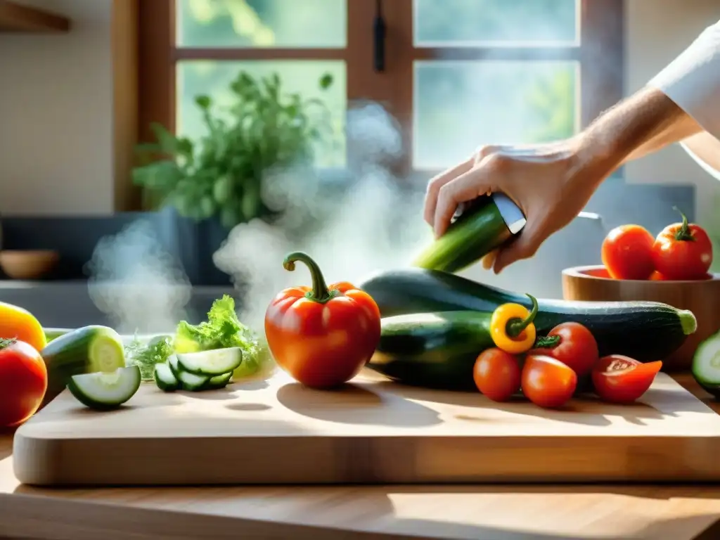 Chef experto cortando verduras en acuarela Un chef corta ingredientes para snacks saludables en una ilustración acuarela detallada