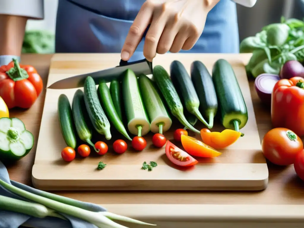 Corte preciso: Chef cortando verduras frescas en acuarela Un chef corta ingredientes para snacks saludables en acuarela detallada