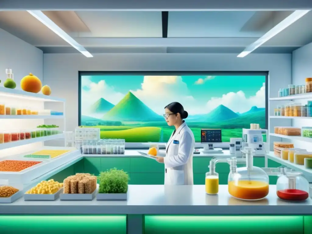 Laboratorio biotecnológico innovador transformando snacks Científicos crean snacks saludables con biotecnología, fusionando naturaleza y tecnología para combatir la obesidad