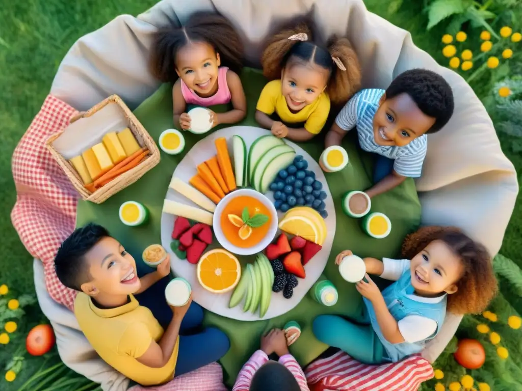 Ilustración acuarela: Niños felices comparten merienda diversa en el parque Un círculo de niños diversos comparten snacks saludables sin alérgenos en el parque