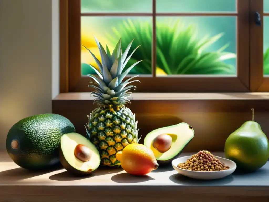 Arte acuarela: Cocina vibrante con frutas frescas y naturales Una cocina llena de ingredientes frescos y coloridos, listos para preparación snacks saludables experto