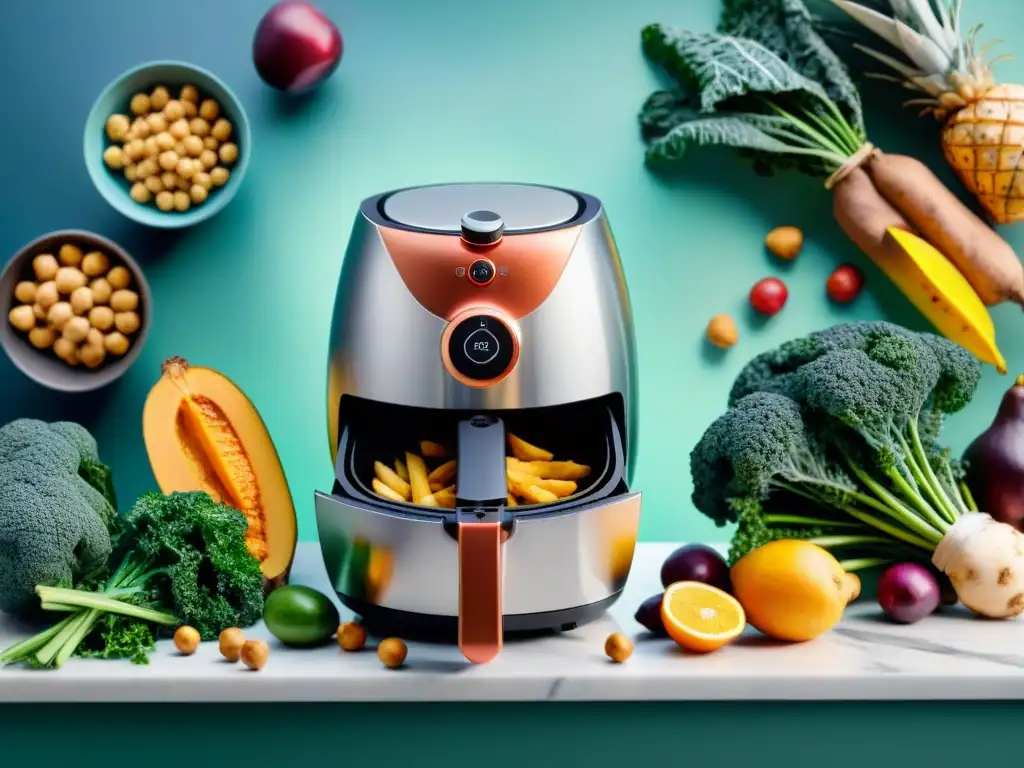 Deliciosa escena de cocina saludable con air fryer y snacks coloridos Una cocina moderna con freidora de aire y snacks saludables vibrantes