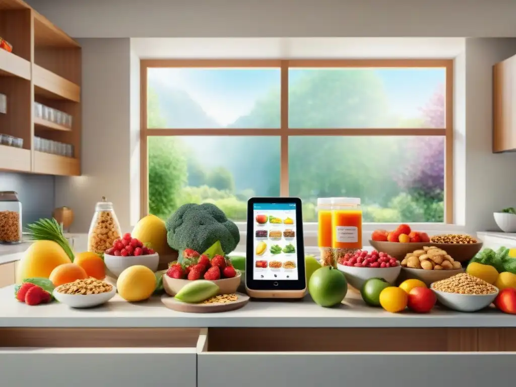 Cocina saludable: snacks coloridos y tecnología AI Una cocina moderna llena de snacks saludables, con luz natural y tecnología de inteligencia artificial