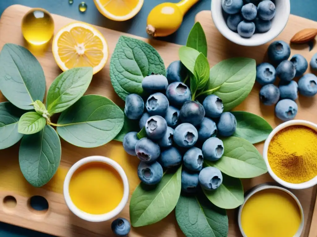 Arreglo vibrante de superalimentos para la salud Colorida ilustración detallada en acuarela de snacks saludables para sistema inmune, como arándanos y espinacas