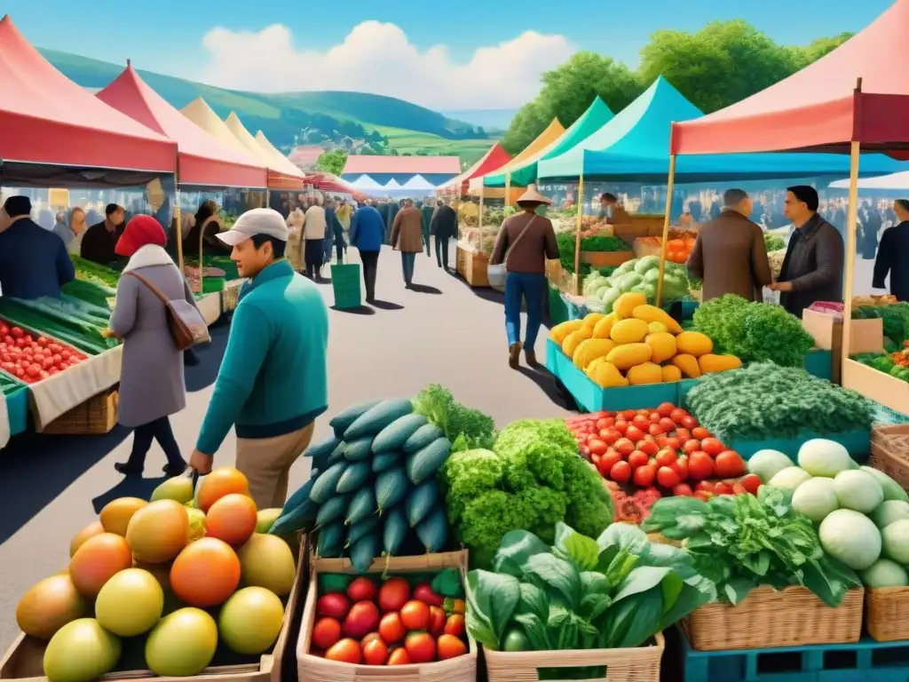 Pintura acuarela detallada de mercado agrícola vibrante Una colorida ilustración detallada de un bullicioso mercado de agricultores en un día soleado
