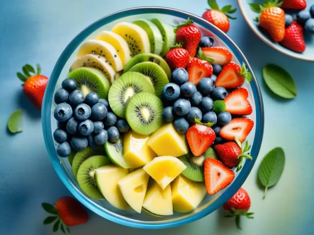 Deliciosa ensalada de frutas en acuarela Una colorida ensalada de frutas en un tazón de cristal, con fresas, arándanos, kiwi, piña, chía y miel