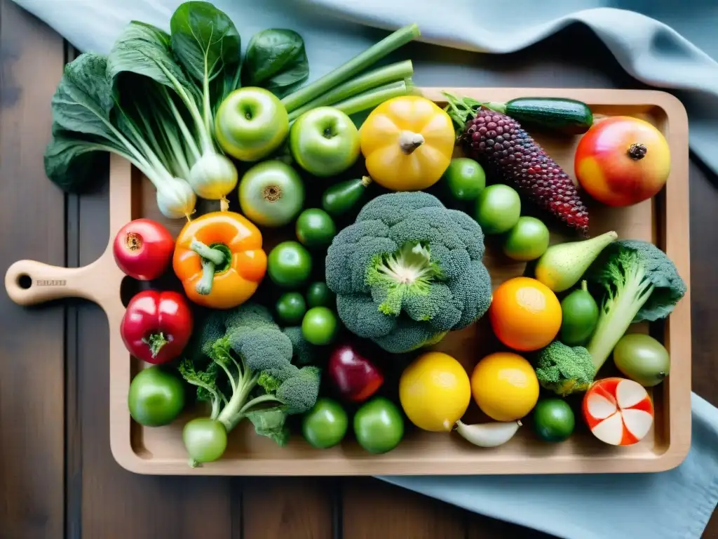 Bodegón de frutas y verduras frescas en acuarela Una colorida obra de arte en acuarela de frutas y verduras frescas sobre tabla de cortar, ideal para snacks saludables para fiestas