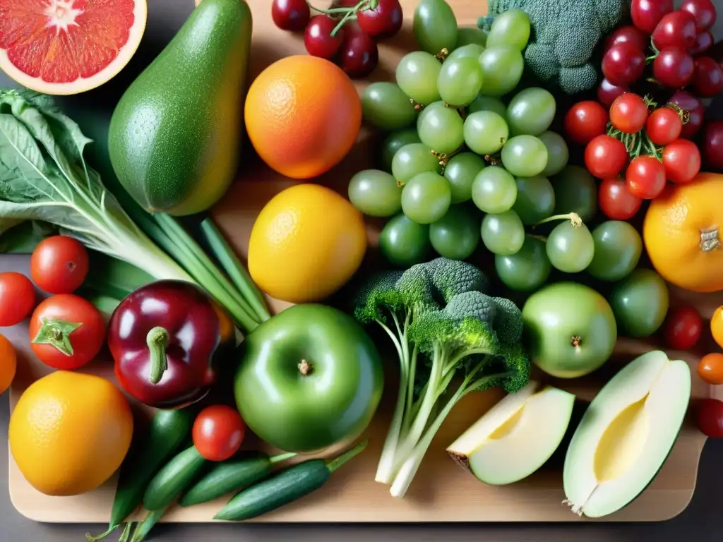 Deliciosa variedad de frutas y verduras orgánicas en tabla de cortar Una colorida selección de frutas y verduras orgánicas en tabla de cortar de madera, ideal para snacks saludables para pequeño negocio