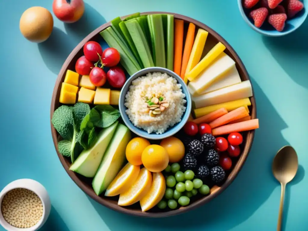 Una colorida tabla de snacks sin gluten para gym con frutas frescas, frutos secos, hummus y verduras crujientes