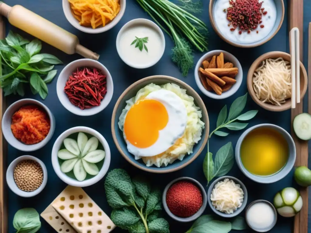 Deliciosos snacks fermentados: una explosión de colores y sabores Una colorida variedad de snacks fermentados saludables, como kimchi y kombucha, en una ilustración detallada