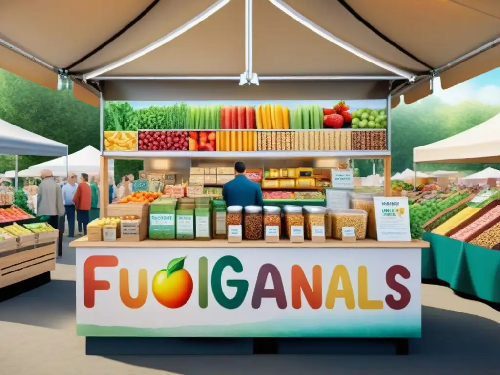 Colorida escena de puesto de snacks saludables en mercado ecofriendly Un colorido puesto de snacks saludables en un animado mercado, con packaging ecológico