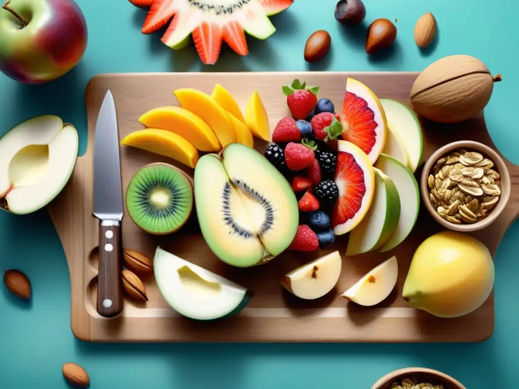 Deliciosos snacks saludables: Frutas, frutos secos y granola en acuarela Una composición apetitosa de snacks saludables personalizados PlateJoy: frutas, nueces, semillas y granola frescos y vibrantes en una tabla de madera