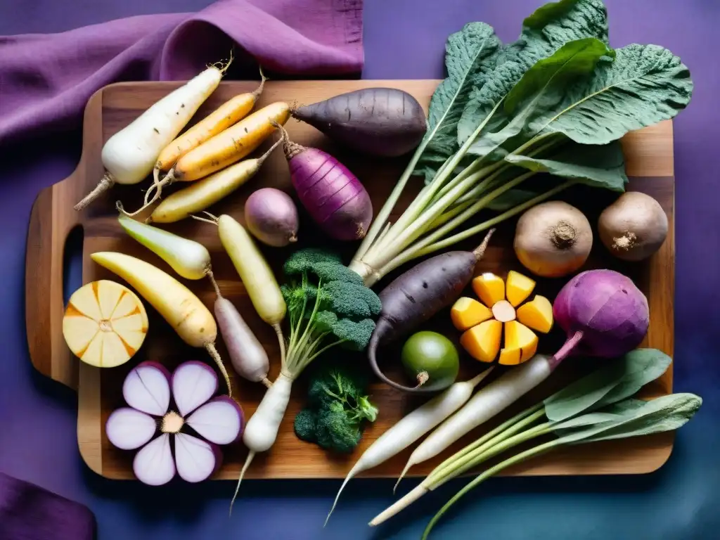 Deliciosas raíces y frutas indígenas en acuarela Una composición colorida de raíces indígenas en acuarela, en un tablero de madera