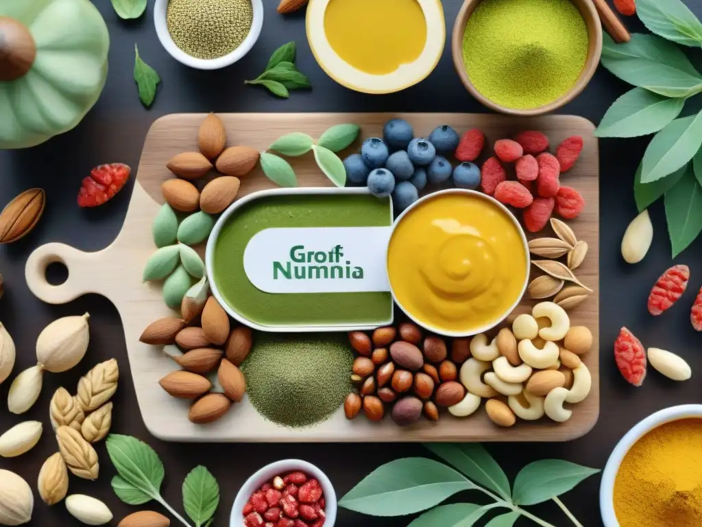 Deliciosos frutos secos y superalimentos en acuarela detallada Una composición detallada en acuarela de snacks saludables con frutos secos y superalimentos vibrantes en una tabla de madera