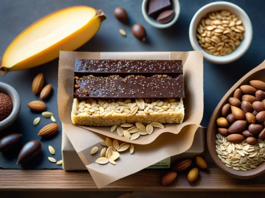 Barras de granola caseras: ingredientes frescos y saludables en acuarela Una composición detallada de ingredientes saludables para crear una barra nutricional perfecta para dieta, en una mesa rústica iluminada por el sol