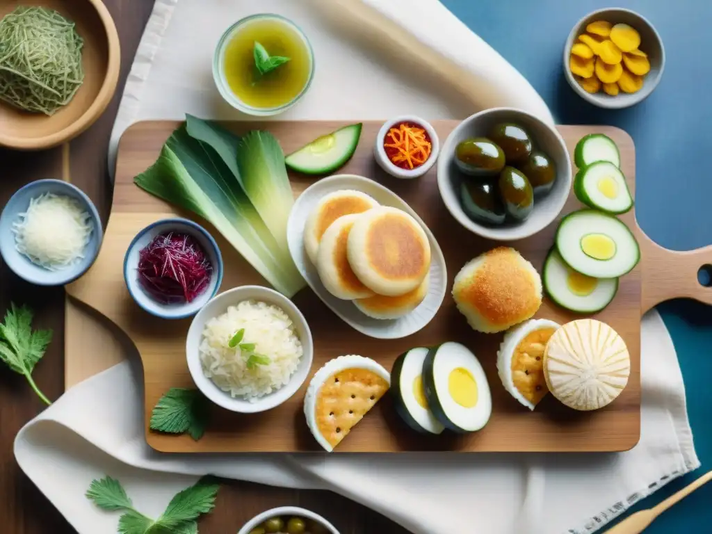 Delicias fermentadas: ilustración acuarela de aperitivos artesanales Una composición detallada de snacks saludables fermentados dispuestos en tabla de madera