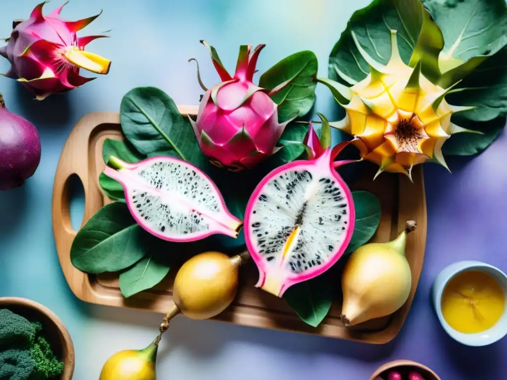 Exóticas frutas y verduras en acuarela Una composición intrincada de frutas y verduras exóticas en acuarela, sobre tabla de cortar de madera
