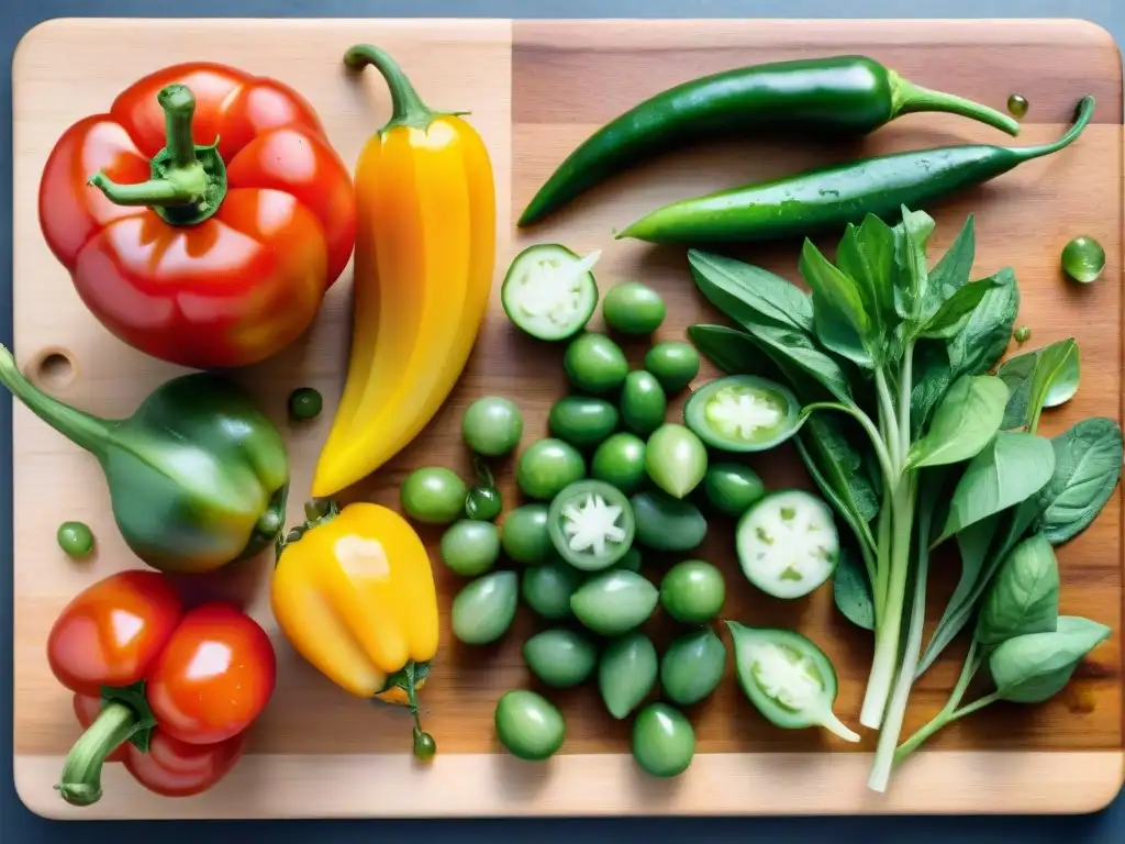 Vibrante ilustración acuarela de verduras frescas en tabla de cortar Una composición vibrante de vegetales frescos, con tomates cherry, pimientos, zanahorias, pepinos y guisantes, en una tabla de cortar de madera